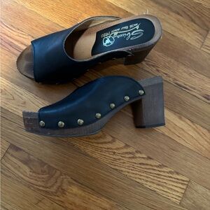 Corkys Black Mules with Brown Wooden Heel